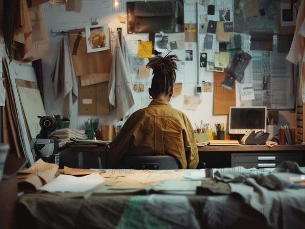 A person sits at a cluttered creative workspace facing a computer, surrounded by inspirational notes and images, working, AI generated