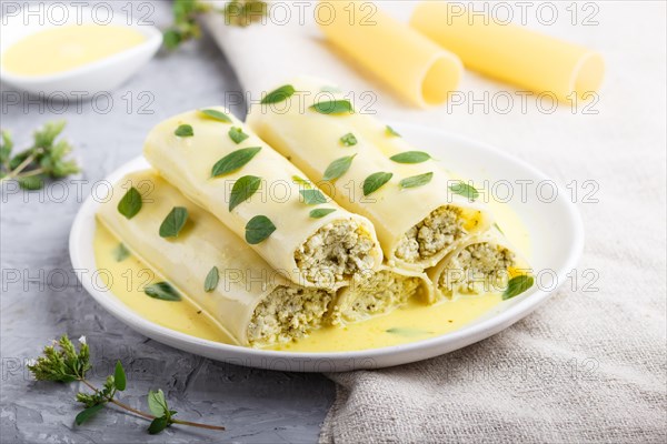 Cannelloni pasta with egg sauce, cream cheese and oregano leaves on a gray concrete background with linen textile. side view, close up, selective focus