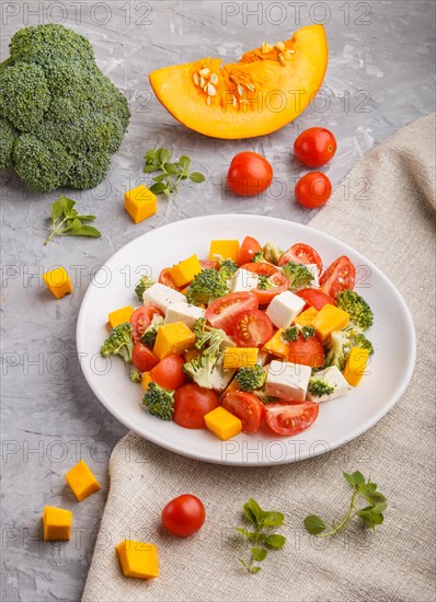 Vegetarian salad with broccoli, tomatoes, feta cheese, and pumpkin on white ceramic plate on a gray concrete background and linen textile, side view, close up