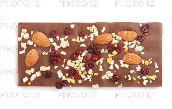 Milk chocolate bar with almonds and dried fruits isolated on white background. top view, flat lay