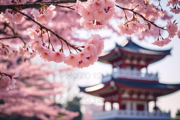 Pink Japanese Sakura cherry trees with flowers and blurry Asian temple in background. KI generiert, generiert AI generated