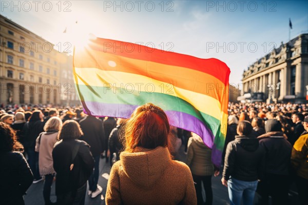 Crown of people at LGTB protest or march with rainbow flags. KI generiert, generiert AI generated