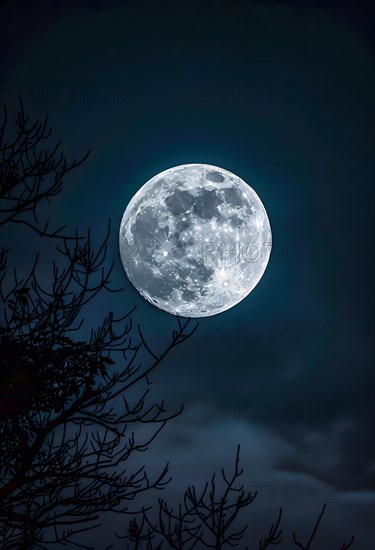 The full moon is very large and bright in the sky, in the foreground branches of a tree, AI generated, AI generated