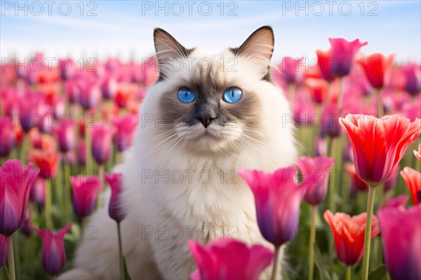 Ragdoll cat with blue eyes in field of pink tulip spring flowers. KI generiert, generiert AI generated