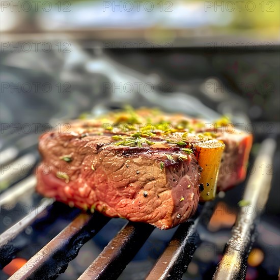 A medium-rare, sliced beef steak with fresh herbs, placed on a grill, AI generated