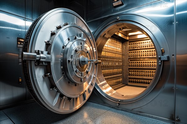 Open bank vault door, revealing a room filled with safety deposit boxes in safe depositary. The metallic and sturdy design of the door highlights security and protection, AI generated