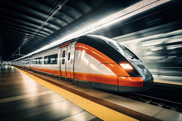 Modern high speed train in a futuristic train station. Modern transportation technology, speed, travel concepts. Railroad with motion blur effect Modern high speed train in a futuristic train station. Railroad with motion blur effect, AI generated