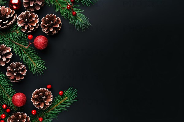 Seasonal Christmas decoration with fir cones and branches and red berries on side of black background with negative space. KI generiert, generiert AI generated