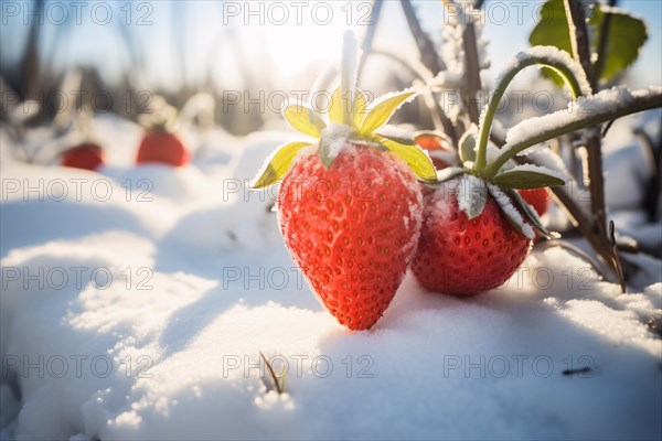 Close up of Strawberry fruit growing in agricultural field covered in snow. KI generiert, generiert AI generated