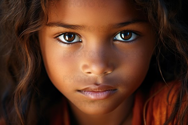 Close up of face of young Indian girl with beautiful brown skin and long hair. KI generiert, generiert AI generated