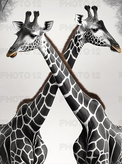 Two painted giraffes, partly coloured drawing in black and white, painting, AI generated, AI generated