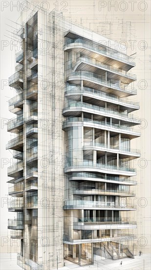 High-rise building sketch with intricate architectural blueprint overlay, vertical aspect ratio, offwhite background color, AI generated