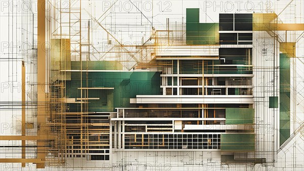 Conceptual sketch of a modern building with transparent design layers in green and beige palette, horizontal aspect ratio, off white background color, AI generated