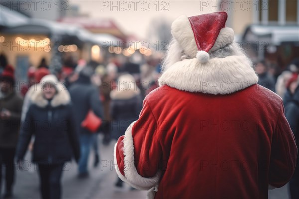 Back view of man in red Santa costume with hat in busy city street. KI generiert, generiert AI generated