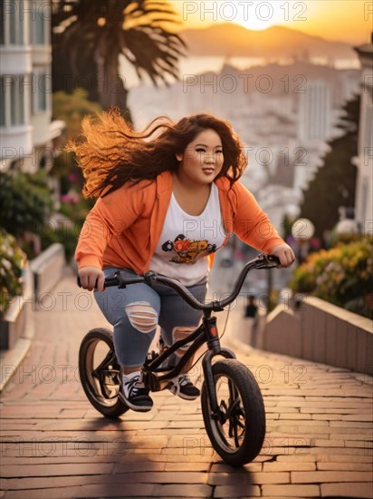 A plus size young teen asian female rides a BMX bike downhill on a city street, her hair catching the light of the sunset, San Francisco, Lombard area, AI Generated, AI generated