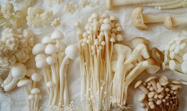 Mushroom, Shimeji, Enoki mushroom on white background. AI generated