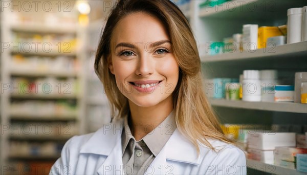 AI generated, A young pharmacist in her pharmacy, portrait, 30, 35, years, female, blonde, blond, blonde, beautiful teeth, smiles, long hair, profession, professions, medicines in the background