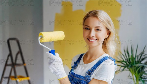 AI generated, woman, woman, a young girl paints a wall with new paint, yellow, yellow, renovation of old flat, paint roller, ladder, paint, 20, 25, years, one, one person, daughter, student, pastime, family, girl, smiling, smiling, fun at work, laughing, laughing, laughing, dungarees, jeans