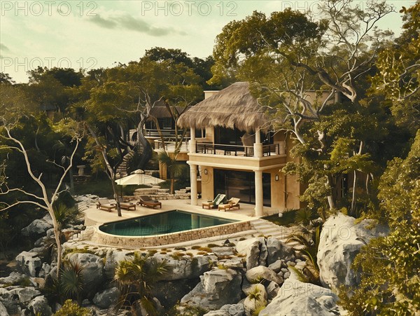 A luxurious tropical villa with a thatched roof overlooks a serene swimming pool surrounded by lush trees, Playa del Carmen beach in Mexico, AI generated