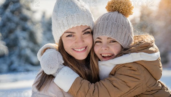 AI generated, human, humans, person, persons, woman, woman, child, children, two persons, mother and daughter hugging, embrace, looking forward to each other, enjoying the snow, laughing, smiling, outdoor shot, ice, snow, winter, seasons, cap, bobble hat, gloves, winter jacket, cold, coldness