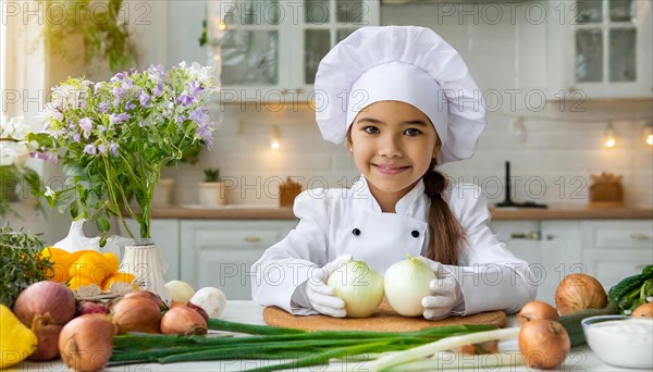 AI generated, human, humans, person, persons, child, children, 8 year old girl cutting onions in a white kitchen, chef hat, smock, cute, cute, beautiful eyes, beautiful teeth, cook, cook, kitchen table, vegetables, onions, garlic