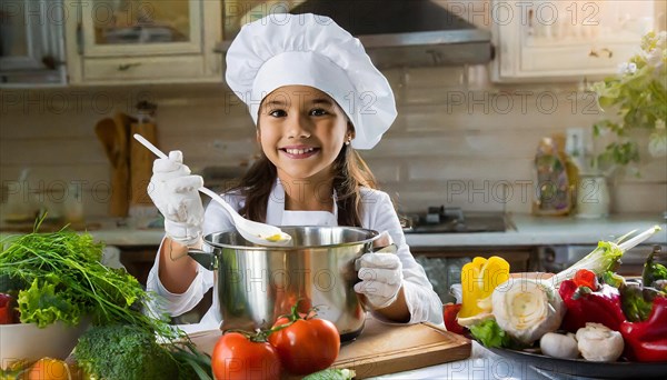 AI generated, human, humans, person, persons, child, children, 8 year old girl cooking a vegetable soup in a white kitchen, chef's hat, smock, cute, cute, cute, beautiful eyes, beautiful teeth, cook, cook, kitchen table, vegetables, onions, garlic