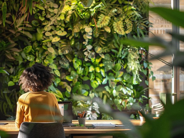 Woman working on a computer in a greenery-filled office with natural lighting, african american at office, AI generated