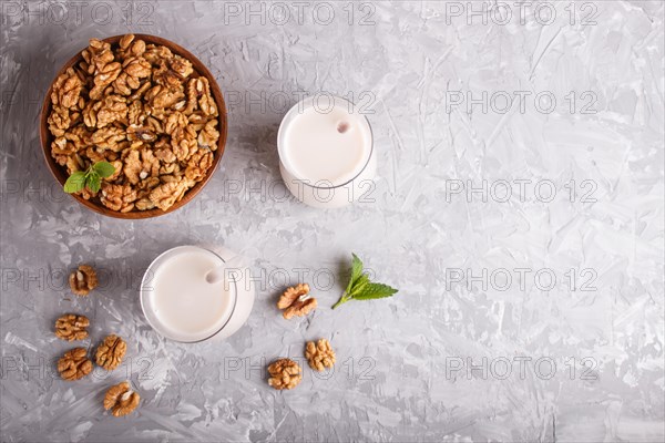 Organic non dairy walnut milk in glass and wooden plate with walnuts on a gray concrete background. Vegan healthy food concept, flat lay, top view, copy space