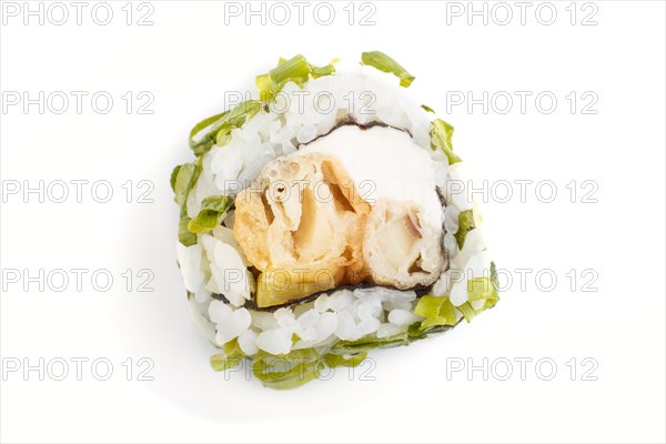 Japanese maki sushi rolls with green onion, isolated on white background. Top view, close up, selective focus