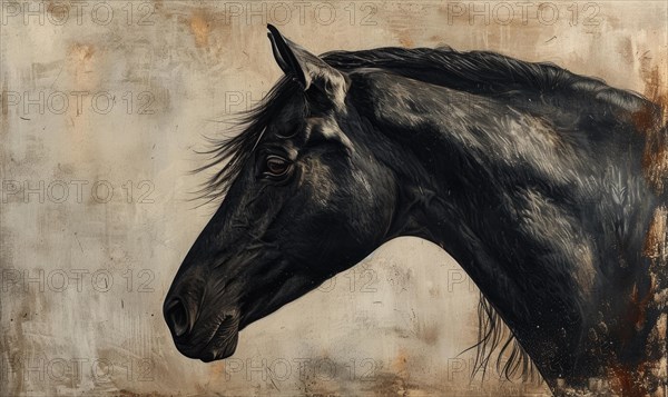 Dark textured artwork of a horse in side view exuding a somber mood AI generated