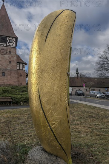 Golden Bee Banana, art in public space by the artist Birgit Maria Joensson, Schwarzenbruck, Middle Franconia, Bavaria, Germany, Europe