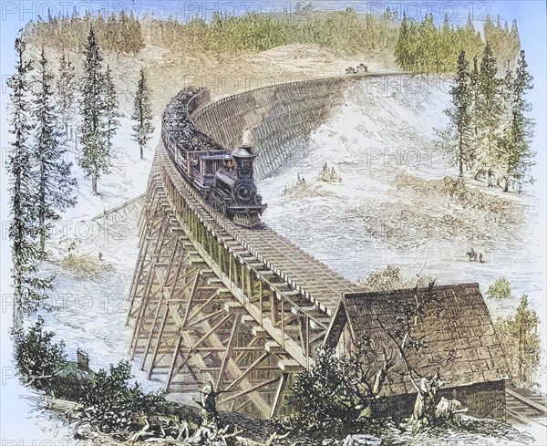 Trestle bridge of the Central Pacific Railroad in the 1870s. From American Pictures Drawn With Pen And Pencil by Rev Samuel Manning c. 1880, United States, America, Historic, digitally restored reproduction from a 19th century original, Record date not stated, North America