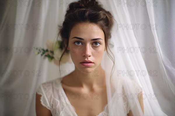 Sad or serious looking bride in wedding dress. KI generiert, generiert AI generated