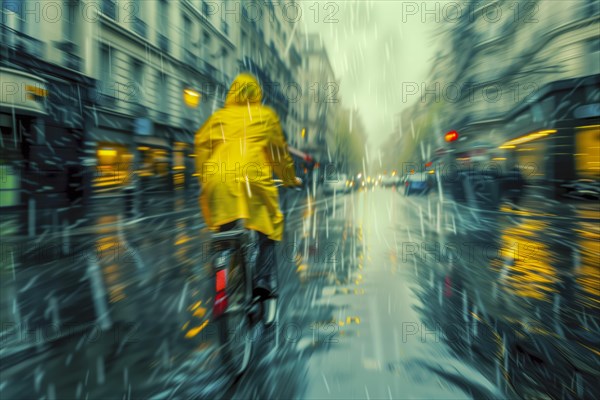 Person in yellow mackintosh riding a bike on a wet road in heavy rain, captured with motion blur, AI generated, AI generated