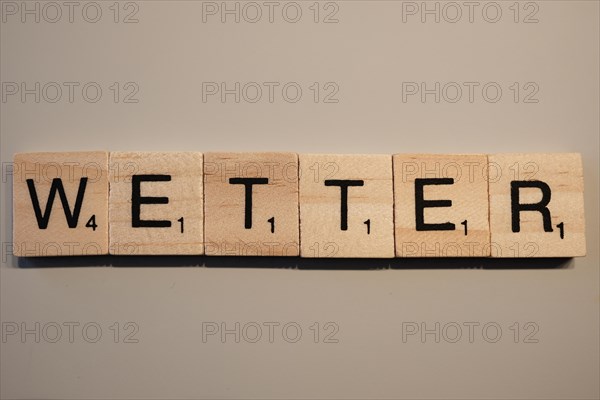 Weather lettering, wooden letters, North Rhine-Westphalia, Germany, Europe