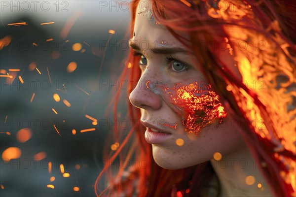Woman with red hair and sparkling fire texture looks intense, AI generated, AI generated