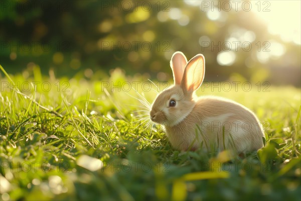 Bunny with large, attentive ears, basking in the golden hour sunlight amidst a lush green field, AI generated