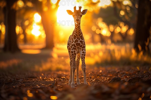 Baby giraffe standing amidst the golden rays of the setting sun, surrounded by nature s beauty, AI generated