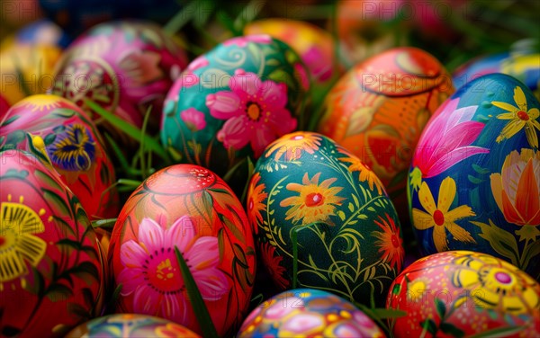 Vibrant, hand-painted Easter eggs adorned with intricate floral patterns, AI generated