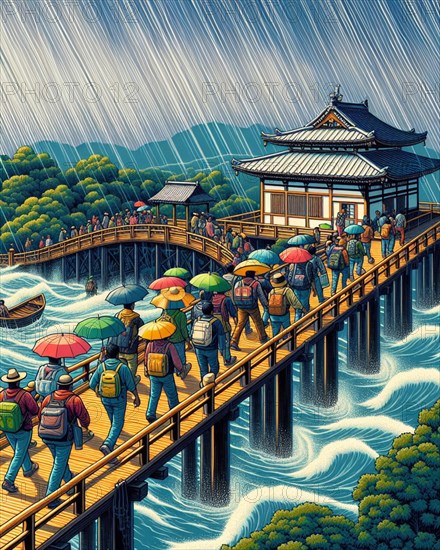 Serene illustration of individuals crossing a bridge in a border, with umbrellas to protect from sudden rain, amidst lush nature, AI generated
