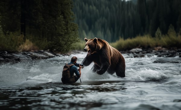 Male photographer traveler photographs an angry bear on the river, AI generated