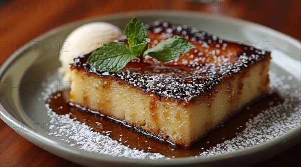 Malva pudding served with vanilla ice cream dusted with powdered sugar, ai generated, AI generated