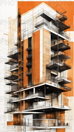 Vertical abstract with modern architectural forms and blueprints in orange and brown hues, vertical aspect ratio, off white background color AI generated