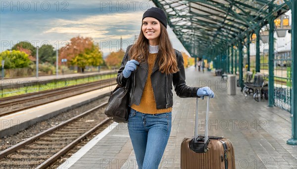 AI generated, A young blonde woman wants to travel and waits for the train at the station, 20, 25, blonde, blond, blonde, modern, modern, aluminium suitcase, handbag, fur jacket, white, sneakers, shoes, sexy, attractive, attractive, long-haired, transport, traffic