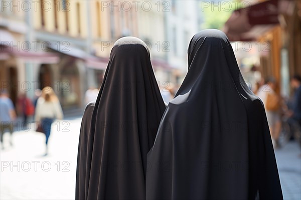 Back view of two women covered with black Muslim Niqab veil in city street. KI generiert, generiert AI generated