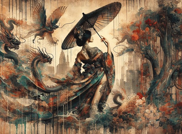 Ethereal scene with an tatooed geisha style young vibramt Asian woman, holding an umbrella, dragon, and birds with a grunge city skyline backdrop, japanese themed shunga art style based, AI Generated, AI generated