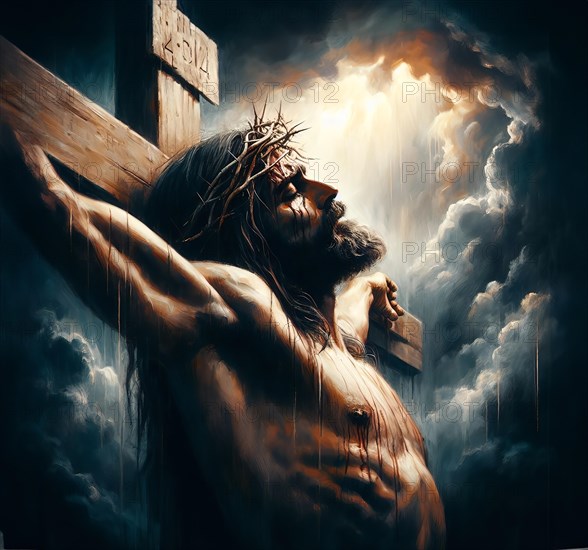 Jesus Christ crucified with the crown of thorns on the cross, symbolic image myth, religion, saviour, Christianity, crucifixion, martyr, Jesus of Nazareth, New Testament, AI generated, AI generated