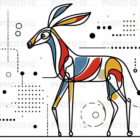 Stylized geometric representation of a gazelle with abstract colorful shapes, continuous line art, creature is stylized and simplified to the most basic geometric forms, exaggerated features, adorned with splashes of primary colors, clean white solid background, with subtle geometric shapes and thin, straight lines that intersect with dotted nodes and overlap the figures. The overall aesthetic is modern and contemporary, AI generated