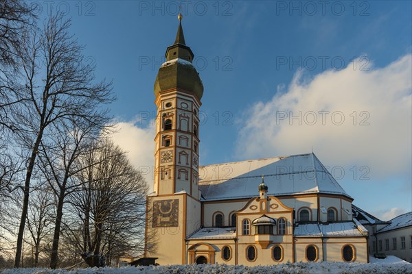 Andechs Monastery in winter, sunset, Fuenfseenland, Pfaffenwinkel, Upper Bavaria, Bavaria, Germany, Europe