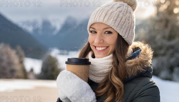 AI generated, human, humans, person, persons, woman, woman, one, coffee, coffee cup, coffee to go, outdoor, ice, snow, winter, seasons, drinks, drinking, cap, bobble hat, gloves, winter jacket, cold, cold weather